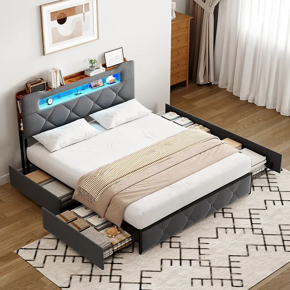 ProximaX Lit coffre 140x200 cm en velours gris avec tête de lit lumineuse et chargeur intégré, 4 tiroirs de rangement, structure métal Hot