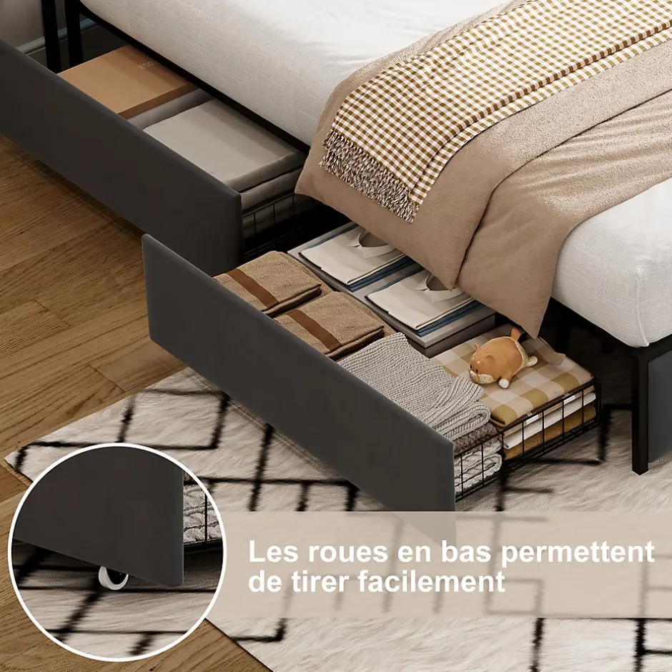ProximaX Lit coffre 140x200 cm en velours gris avec tête de lit lumineuse et chargeur intégré, 4 tiroirs de rangement, structure métal Hot