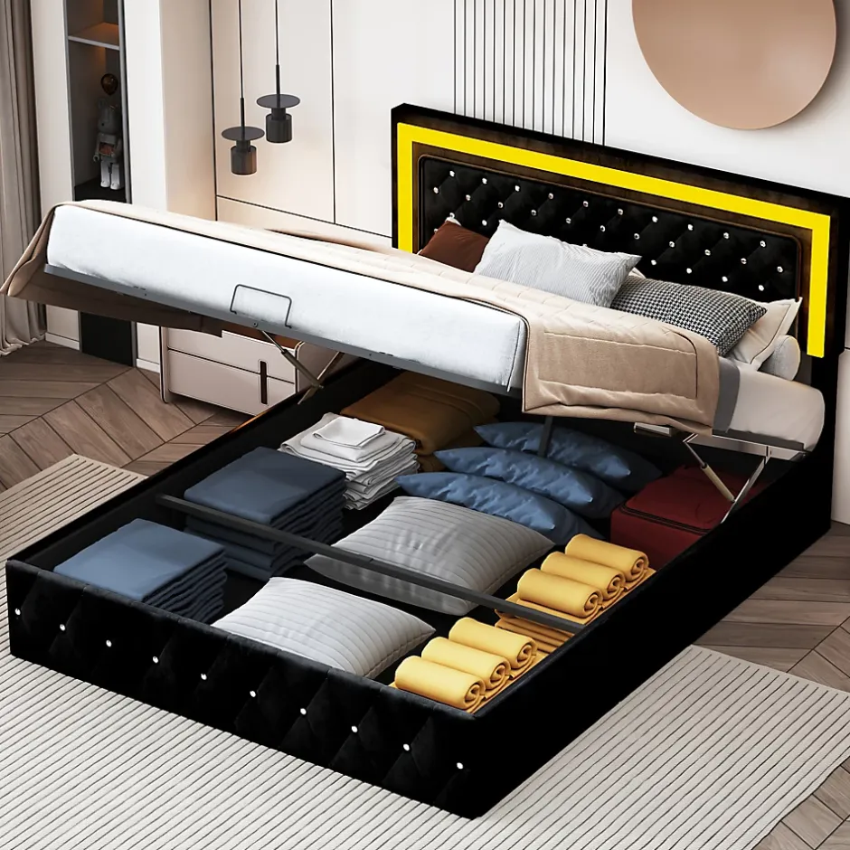 Simple Life Lit coffre 160x200 cm en velours - avec LED et sommier à lattes - Lit double de rangement - avec tête de lit réglable - Noir Hot