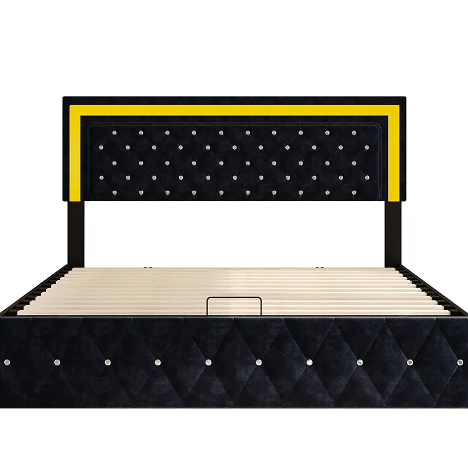 Simple Life Lit coffre 160x200 cm en velours - avec LED et sommier à lattes - Lit double de rangement - avec tête de lit réglable - Noir Hot