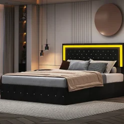 Simple Life Lit coffre 160x200 cm en velours - avec LED et sommier à lattes - Lit double de rangement - avec tête de lit réglable - Noir Hot