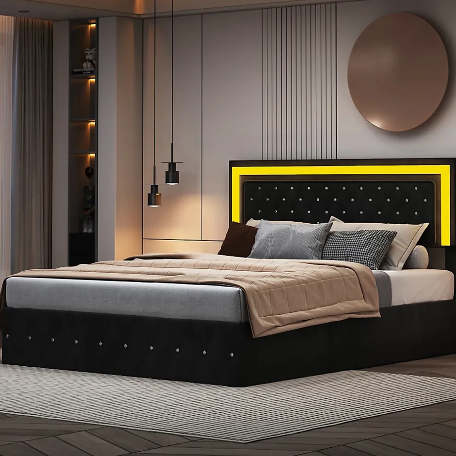 Simple Life Lit coffre 160x200 cm en velours - avec LED et sommier à lattes - Lit double de rangement - avec tête de lit réglable - Noir Hot