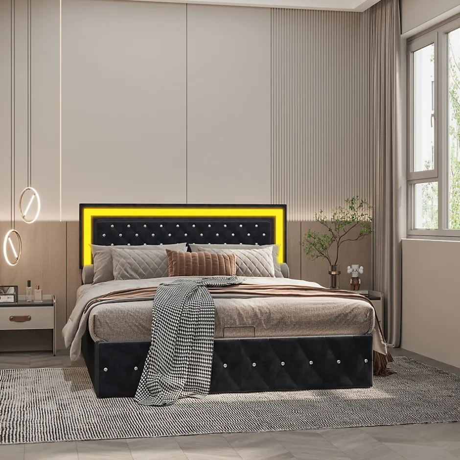 Simple Life Lit coffre 160x200 cm en velours - avec LED et sommier à lattes - Lit double de rangement - avec tête de lit réglable - Noir Hot