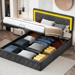 Simple Life Lit Coffre 160x200 Cm En Velours - Avec LED Et Sommier à Lattes - Lit Double De Rangement - Noir New