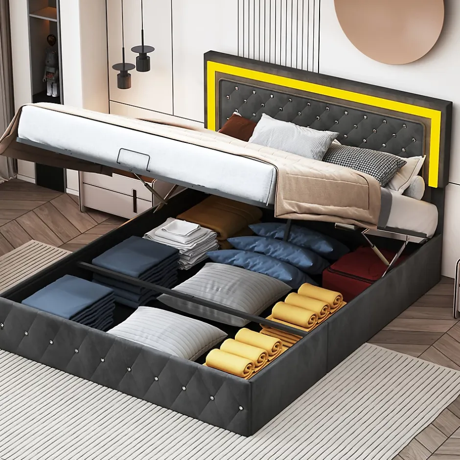 Simple Life Lit Coffre 160x200 Cm En Velours - Avec LED Et Sommier à Lattes - Lit Double De Rangement - Noir New
