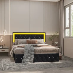 Simple Life Lit Coffre 160x200 Cm En Velours - Avec LED Et Sommier à Lattes - Lit Double De Rangement - Noir New