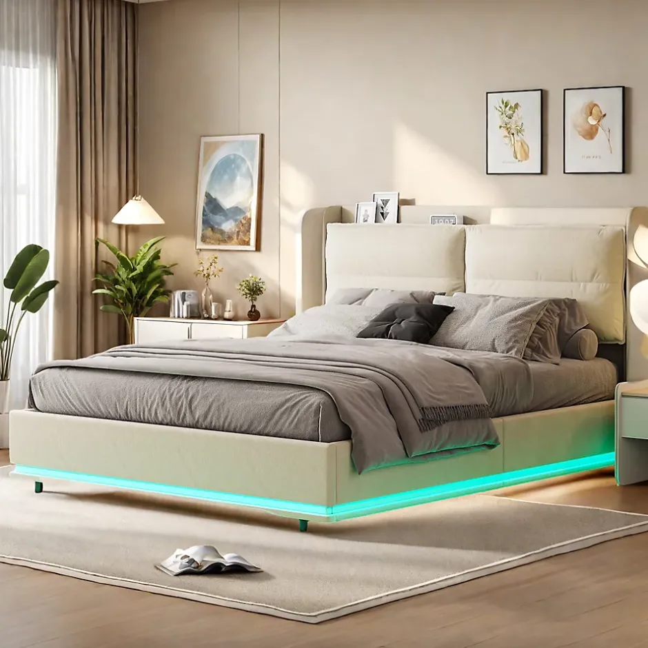 ProximaX Lit coffre 160x200 cm en velours, LED + USB/Type-C, sommier à lattes, rangement, lit double, Beige