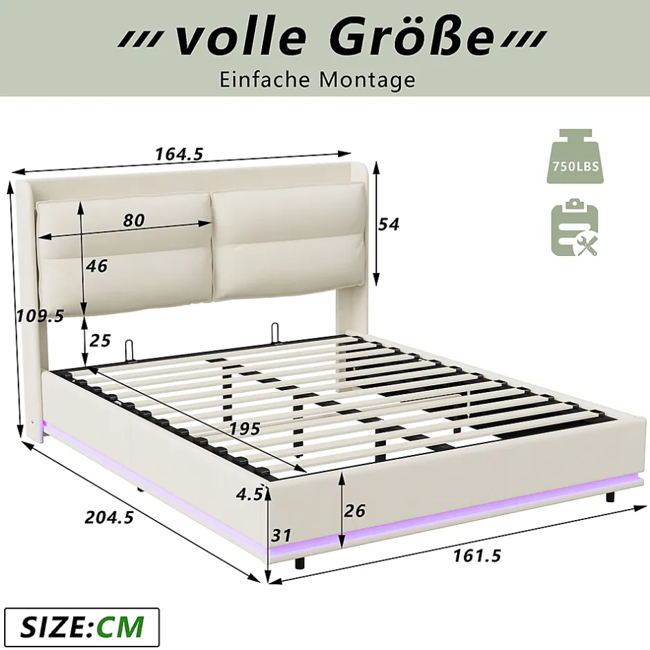 ProximaX Lit coffre 160x200 cm en velours, LED + USB/Type-C, sommier à lattes, rangement, lit double, Beige