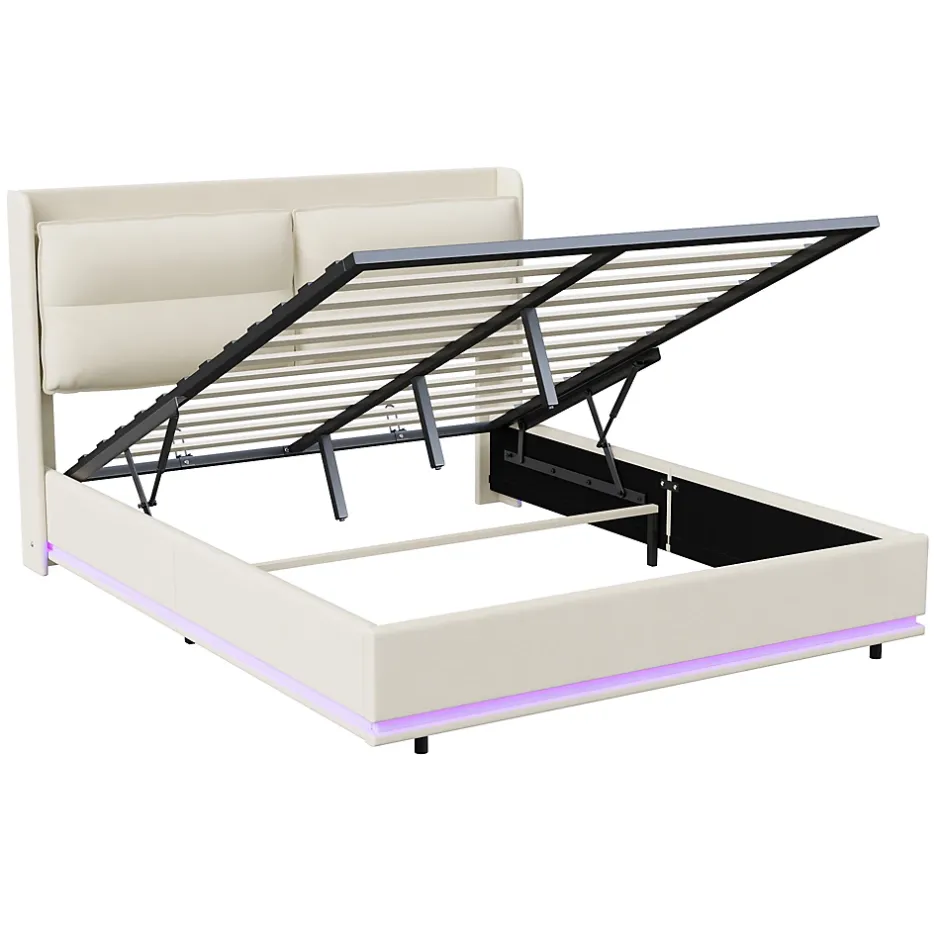 ProximaX Lit coffre 160x200 cm en velours, LED + USB/Type-C, sommier à lattes, rangement, lit double, Beige