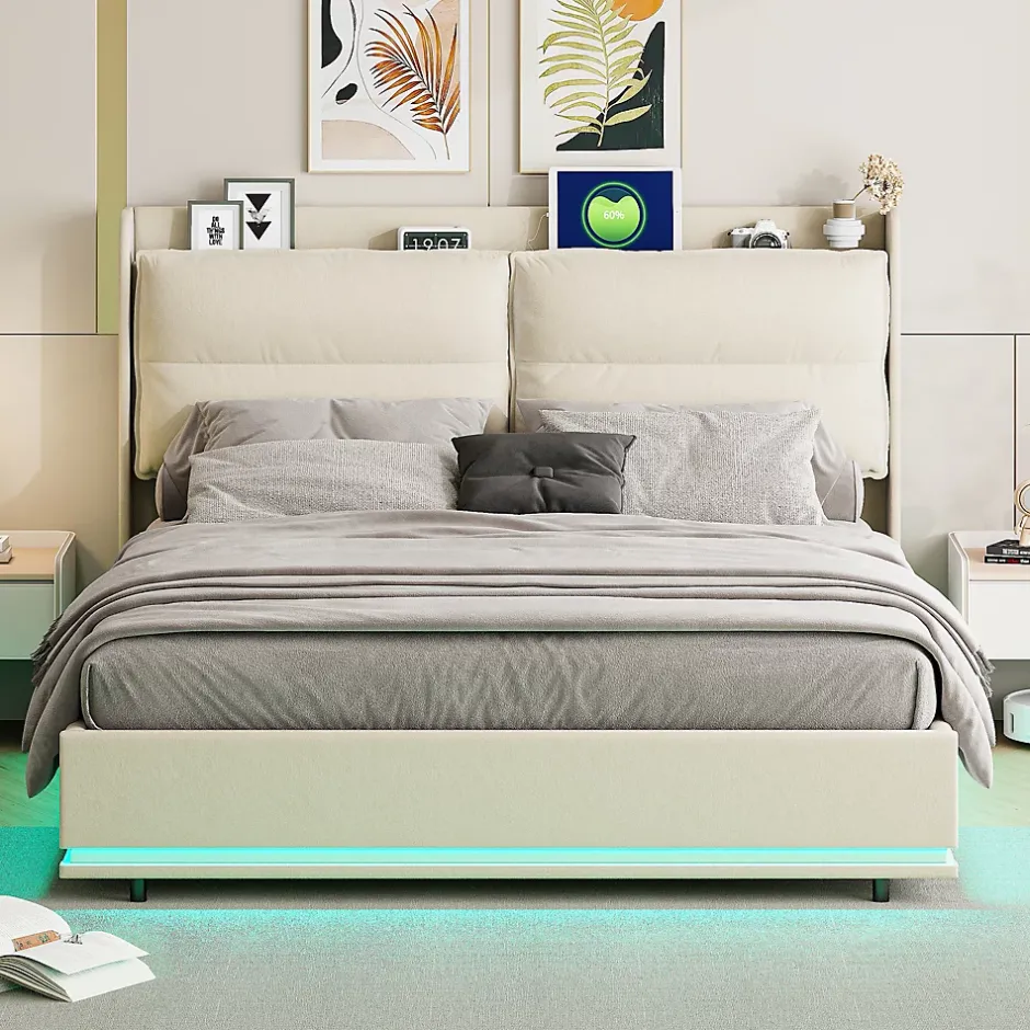 ProximaX Lit coffre 160x200 cm en velours, LED + USB/Type-C, sommier à lattes, rangement, lit double, Beige