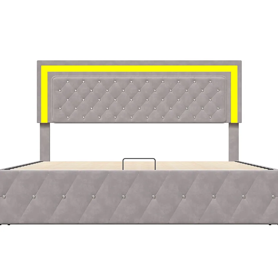 Simple Life Lit coffre 140x200 cm en velours - avec LED et sommier à lattes - Lit double de rangement - avec tête de lit réglable - Beige