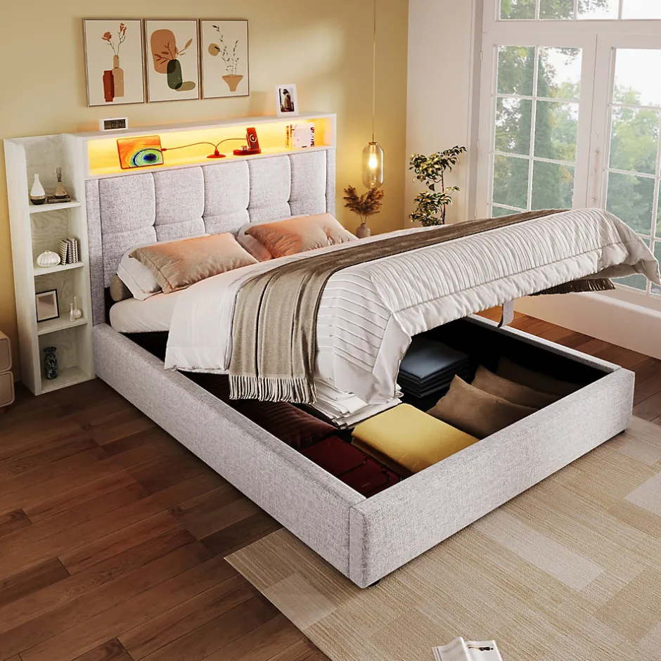 Okwish Lit coffre 90x200 cm enfant/ado - Lit Coffre Capitonné avec Rangement, LED et USB Type-C - Tissu Lin, Beige