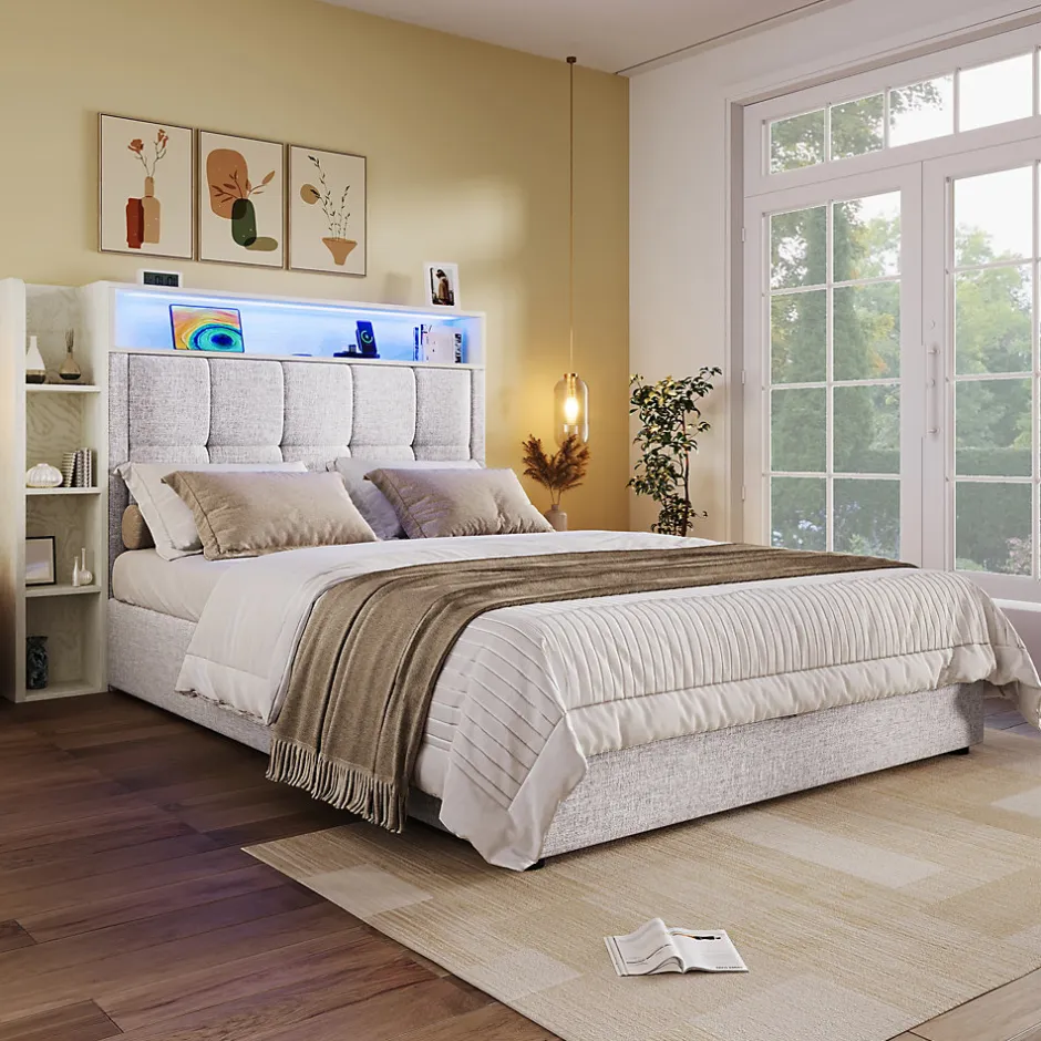 Okwish Lit coffre 90x200 cm enfant/ado - Lit Coffre Capitonné avec Rangement, LED et USB Type-C - Tissu Lin, Beige