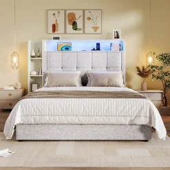 Okwish Lit coffre 90x200 cm enfant/ado - Lit Coffre Capitonné avec Rangement, LED et USB Type-C - Tissu Lin, Beige