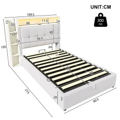 Okwish Lit coffre 90x200 cm enfant/ado - Lit Coffre Capitonné avec Rangement, LED et USB Type-C - Tissu Lin, Beige