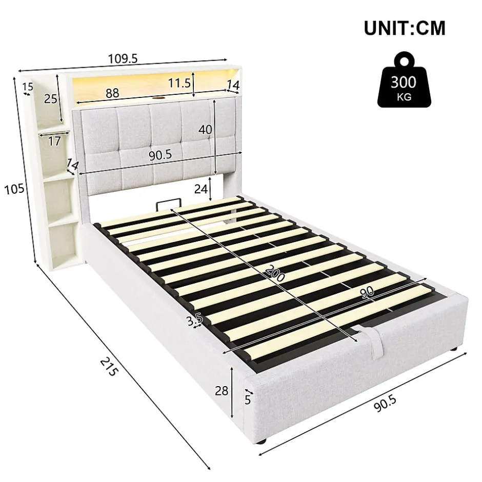 Okwish Lit coffre 90x200 cm enfant/ado - Lit Coffre Capitonné avec Rangement, LED et USB Type-C - Tissu Lin, Beige