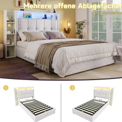 Okwish Lit coffre 90x200 cm enfant/ado - Lit Coffre Capitonné avec Rangement, LED et USB Type-C - Tissu Lin, Beige