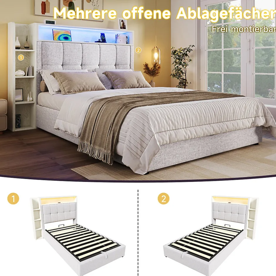 Okwish Lit coffre 90x200 cm enfant/ado - Lit Coffre Capitonné avec Rangement, LED et USB Type-C - Tissu Lin, Beige