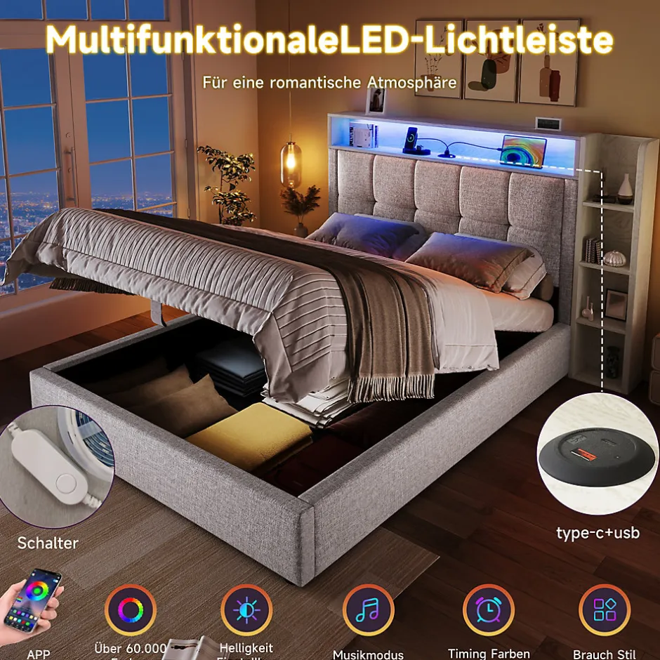Okwish Lit coffre 90x200 cm enfant/ado - Lit Coffre Capitonné avec Rangement, LED et USB Type-C - Tissu Lin, Beige