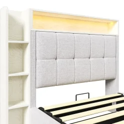 Okwish Lit coffre 90x200 cm enfant/ado - Lit Coffre Capitonné avec Rangement, LED et USB Type-C - Tissu Lin, Beige