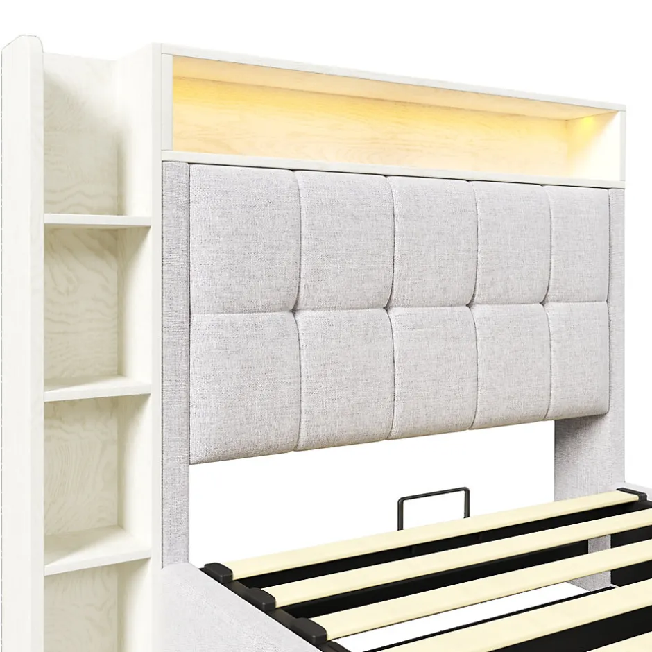 Okwish Lit coffre 90x200 cm enfant/ado - Lit Coffre Capitonné avec Rangement, LED et USB Type-C - Tissu Lin, Beige