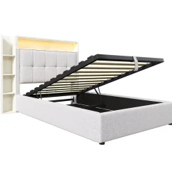Okwish Lit coffre 90x200 cm enfant/ado - Lit Coffre Capitonné avec Rangement, LED et USB Type-C - Tissu Lin, Beige