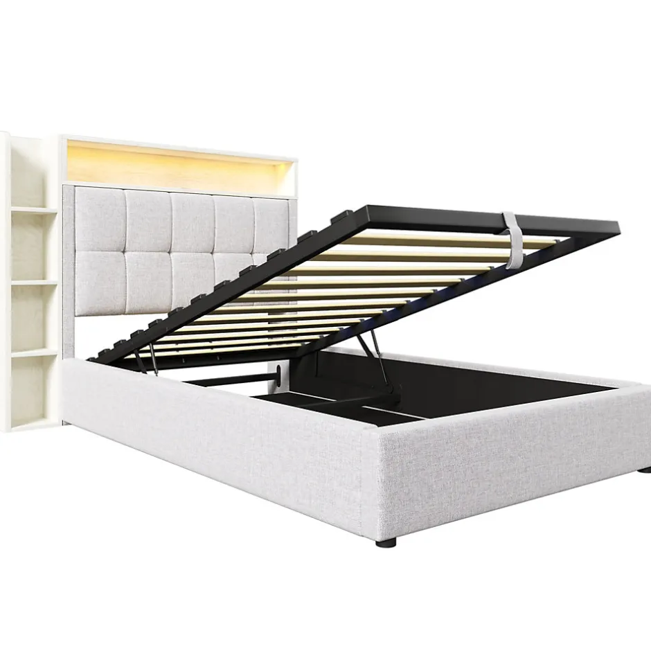 Okwish Lit coffre 90x200 cm enfant/ado - Lit Coffre Capitonné avec Rangement, LED et USB Type-C - Tissu Lin, Beige