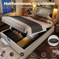 Okwish Lit coffre 90x200 cm enfant/ado - Coffre Capitonné avec Rangement, LED et Prise USB Type-C - Tissu Lin, Beige Best