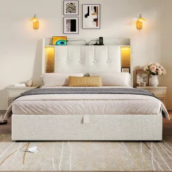 Okwish Lit coffre 90x200 cm enfant/ado - Coffre Capitonné avec Rangement, LED et Prise USB Type-C - Tissu Lin, Beige Best
