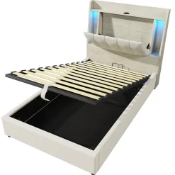 Okwish Lit coffre 90x200 cm enfant/ado - Coffre Capitonné avec Rangement, LED et Prise USB Type-C - Tissu Lin, Beige Best