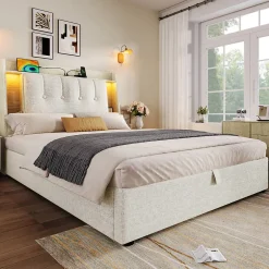 Okwish Lit coffre 90x200 cm enfant/ado - Coffre Capitonné avec Rangement, LED et Prise USB Type-C - Tissu Lin, Beige Best