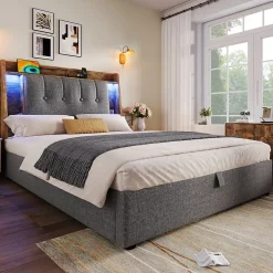 Okwish Lit coffre 90x200 cm enfant/ado - Coffre Capitonné avec Rangement, LED et USB Type-C - Tissu Lin, Gris Best