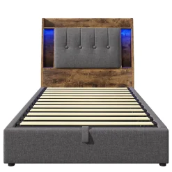 Okwish Lit coffre 90x200 cm enfant/ado - Coffre Capitonné avec Rangement, LED et USB Type-C - Tissu Lin, Gris Best