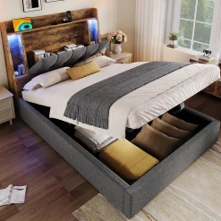 Okwish Lit coffre 90x200 cm enfant/ado - Coffre Capitonné avec Rangement, LED et USB Type-C - Tissu Lin, Gris Best
