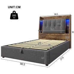 Okwish Lit coffre 90x200 cm enfant/ado - Coffre Capitonné avec Rangement, LED et USB Type-C - Tissu Lin, Gris Best
