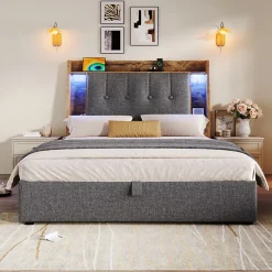 Okwish Lit coffre 90x200 cm enfant/ado - Coffre Capitonné avec Rangement, LED et USB Type-C - Tissu Lin, Gris Best