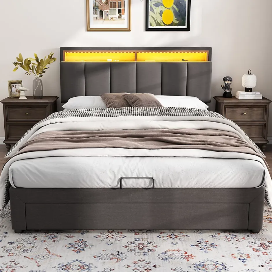ProximaX Lit coffre 140x190 cm gris avec LED, rangement hydraulique, tiroirs et compartiments, tête rembourrée escamotable, cadre acier