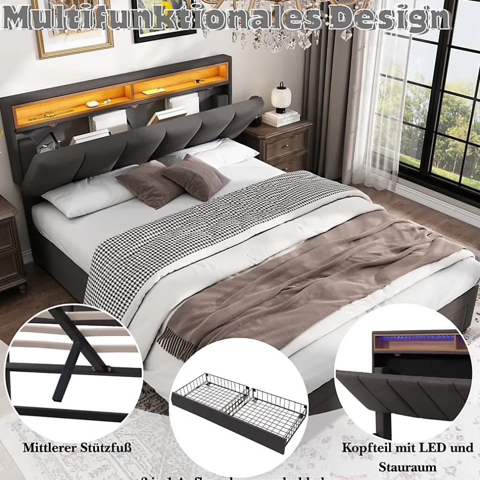 ProximaX Lit coffre 140x190 cm gris avec LED, rangement hydraulique, tiroirs et compartiments, tête rembourrée escamotable, cadre acier