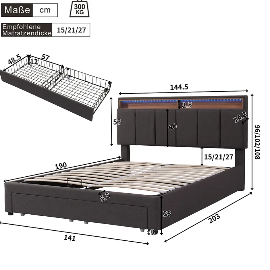 ProximaX Lit coffre 140x190 cm gris avec LED, rangement hydraulique, tiroirs et compartiments, tête rembourrée escamotable, cadre acier