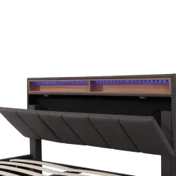 ProximaX Lit coffre 140x190 cm gris avec LED, rangement hydraulique, tiroirs et compartiments, tête rembourrée escamotable, cadre acier