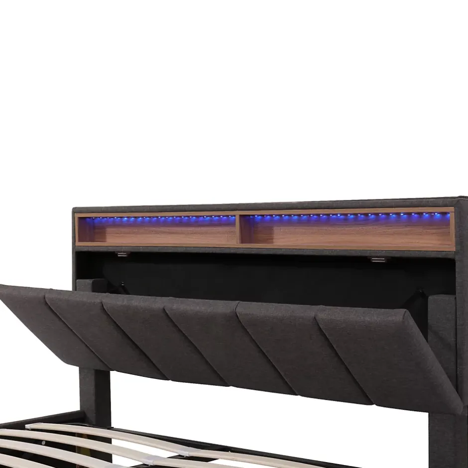 ProximaX Lit coffre 140x190 cm gris avec LED, rangement hydraulique, tiroirs et compartiments, tête rembourrée escamotable, cadre acier