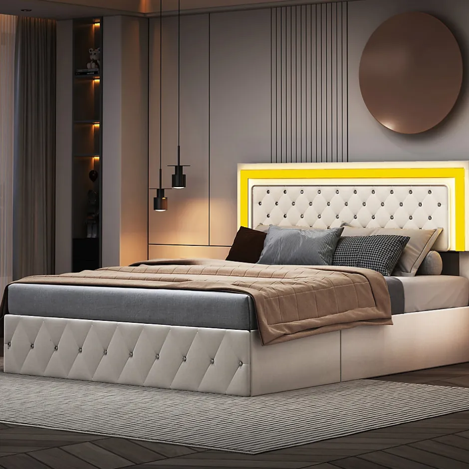 Simple Life Lit coffre 140x200 cm, LED, sommier à lattes, tête de lit réglable, rangement, beige.
