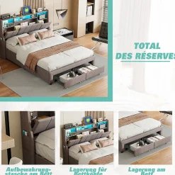 Simple Life Lit Coffre 160x200 cm Lin Gris, LED, Charge USB, Rembourré, Rangement, Tête de lit, Sommier à Lattes, 2 Personnes