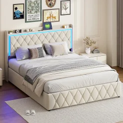 Simple Life Lit Coffre 140x200 Cm, Lit Capitonné Avec Rangement Et USB De Type C, LED, Velours, Beige