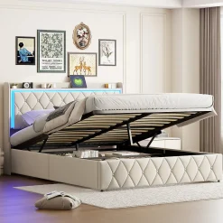 Simple Life Lit Coffre 140x200 Cm, Lit Capitonné Avec Rangement Et USB De Type C, LED, Velours, Beige