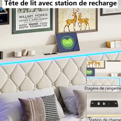 Simple Life Lit Coffre 140x200 Cm, Lit Capitonné Avec Rangement Et USB De Type C, LED, Velours, Beige