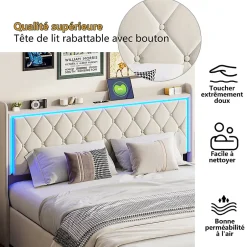 Simple Life Lit Coffre 140x200 Cm, Lit Capitonné Avec Rangement Et USB De Type C, LED, Velours, Beige