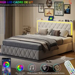 Simple Life Lit Coffre 140x200 Cm, Lit Capitonné Avec Rangement Et USB De Type C, LED, Velours, Beige