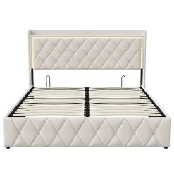 Simple Life Lit Coffre 140x200 Cm, Lit Capitonné Avec Rangement Et USB De Type C, LED, Velours, Beige
