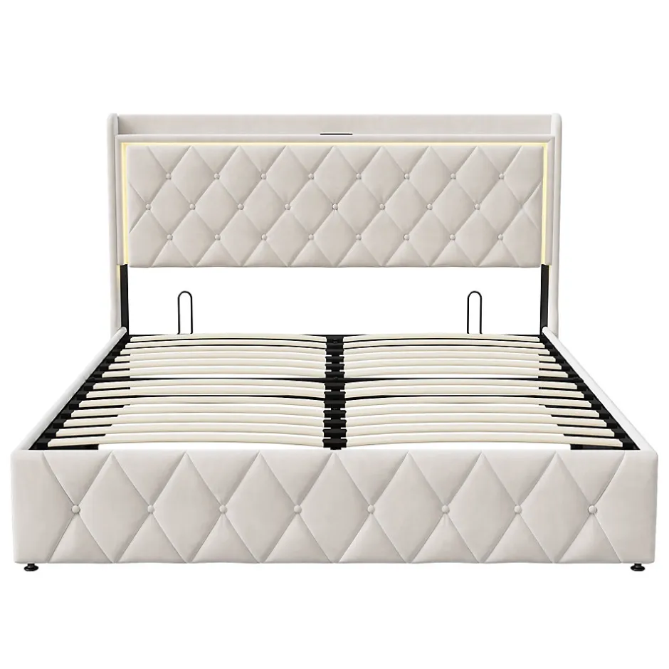 Simple Life Lit Coffre 140x200 Cm, Lit Capitonné Avec Rangement Et USB De Type C, LED, Velours, Beige